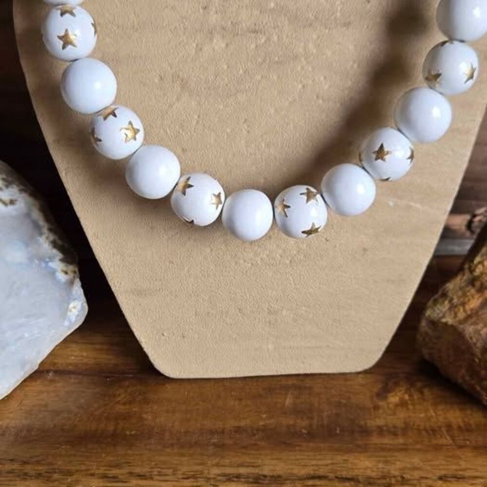 Vintage White Wooden Bead Necklace with Gold Star Accents